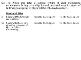 (C) The Plinth area rates of annual repairs of civil engineering
maintenance for high rise bldgs located in coastal areas in respect of
following categories of bldgs will be enhanced as under:-
Residential Bldgs
(i) Single/Md OR/JCOs Qtrs
and ancillaries
From Rs. 29.50 Sq Mtr To Rs. 40.10 Sq Mtr
(ii) Single/Md officers Qtrs
other than residences of
General Officer
Commanding
From Rs. 29.50 Sq Mtr To Rs. 40.10 Sq Mtr
 