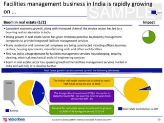10
SAMPLEBoom in real estate (1/2)
Facilities management business in India is rapidly growing
on …
• Consistent economic growth, along with increased share of the service sector, has led to a
booming real estate sector in India
• Strong growth in real estate sector has given immense potential to property management
companies to provide integrated facilities management services
• Many residential and commercial complexes are being constructed including offices, business
centres, housing apartments, manufacturing units and other such facilities
• This has led to a huge demand for facilities management services housekeeping, security,
cleaning, electrical, mechanical and civil engineering services
• Boom in real estate sector has spurred growth in the facilities management services market in
India and will help it to develop further
Impact
The Indian real estate market size is slated to reach
~INR 9,540 bn by the end of 2020
Demand for real estate spaces is estimated to grow at
a CAGR of -% during the period 2010-14
The foreign direct investment (FDI) in the sector is
slated to touch INR - bn over the next 10 years from
the current INR - bn
Real Estate growth can be summed up with the following takeaways
u1
Real Estate Contribution to GDP
v1
Metros
xxxxxx
FACILITIES MANAGEMENT SERVICES MARKET IN INDIA 2014.PPT
 