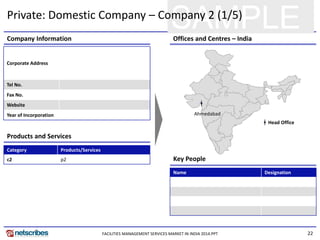 22
SAMPLEPrivate: Domestic Company – Company 2 (1/5)
Key People
Products and Services
Company Information Offices and Centres – India
Category Products/Services
c2 p2
Name Designation
Ahmedabad
Corporate Address
Tel No.
Fax No.
Website
Year of Incorporation
Head Office
FACILITIES MANAGEMENT SERVICES MARKET IN INDIA 2014.PPT
 