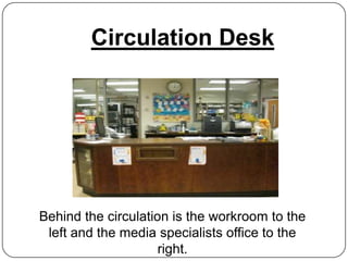 Circulation Desk




Behind the circulation is the workroom to the
 left and the media specialists office to the
                     right.
 