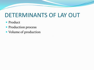 DETERMINANTS OF LAY OUT
 Product
 Production process
 Volume of production
 