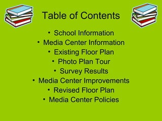 Table of Contents
• School Information
• Media Center Information
• Existing Floor Plan
• Photo Plan Tour
• Survey Results
• Media Center Improvements
• Revised Floor Plan
• Media Center Policies
 