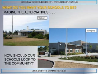 COOS BAY SCHOOL DISTRICT – FACILITIES PLANNING

WHAT DO YOU WANT YOUR SCHOOLS TO BE?
IMAGINE THE ALTERNATIVES. . . .
                       Madison




                                                          Springfield




HOW SHOULD OUR
SCHOOLS LOOK TO
THE COMMUNITY?

                 COOS COUNTY COMMISSIONERS
 