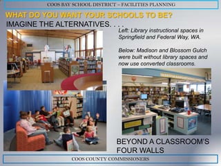 COOS BAY SCHOOL DISTRICT – FACILITIES PLANNING

WHAT DO YOU WANT YOUR SCHOOLS TO BE?
IMAGINE THE ALTERNATIVES. . . .
                                 Left: Library instructional spaces in
                                 Springfield and Federal Way, WA.

                                 Below: Madison and Blossom Gulch
                                 were built without library spaces and
                                 now use converted classrooms.




                                BEYOND A CLASSROOM’S
                                FOUR WALLS
                COOS COUNTY COMMISSIONERS
 