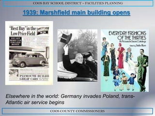 COOS BAY SCHOOL DISTRICT – FACILITIES PLANNING

       1939: Marshfield main building opens




Elsewhere in the world: Germany invades Poland, trans-
Atlantic air service begins
                   COOS COUNTY COMMISSIONERS
 