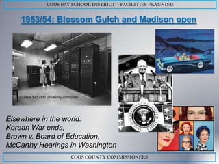 COOS BAY SCHOOL DISTRICT – FACILITIES PLANNING


    1953/54: Blossom Gulch and Madison open




     New $45,000 university computer




Elsewhere in the world:
Korean War ends,
Brown v. Board of Education,
McCarthy Hearings in Washington
                               COOS COUNTY COMMISSIONERS
 