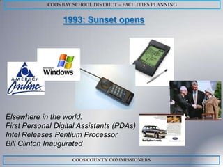 COOS BAY SCHOOL DISTRICT – FACILITIES PLANNING


                 1993: Sunset opens




Elsewhere in the world:
First Personal Digital Assistants (PDAs)
Intel Releases Pentium Processor
Bill Clinton Inaugurated

                    COOS COUNTY COMMISSIONERS
 