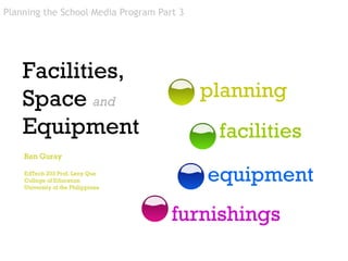 facilities Planning the School Media Program Part 3 planning equipment furnishings Facilities, Space  and   Equipment Ren Guray EdTech 203 Prof. Leny Que College of Education University of the Philippines 
