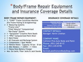 *
BODY FRAME REPAIR EQUIPMENT:
 1- “CHIEF” Frame Correction Machine
(For Frame Pulling & Straightening)
 3- Measuring Systems
- “Frame Liner”
- “Chief Velocity” Computerized
- “Mo-Clamp” System
 1- “SprayZone” Crossfire Paint Booth
 1- “PPG” Computerized Paint Mixer
 1- Dent Puller
 1- AC Evacuate and Recharge System
 1- Compression / Spot Welder
 2- Vehicle Hoists - Capacity 10 ton – 8 ton
 2- MIG Welders = 1 220Vlt + 1 110vlt
 1- Heavy Duty Battery Charger
 4ea. Go-Jacks, Floor Jacks & Jack Stands
INSURANCE COVERAGE DETAILS
Insurance Carrier: West American Insurance
Insurance Type: Garage Liability
Insurance Policy Limits: $1,000,000.00 Property
Insurance Limit Per Vehicle: $100,000.00
CONTACT DETAILS:
Manager: Kevin Linehan
COMPANY NAME:
Collision Pros Auto Body and Paint
Phone: (951) 245-8115
Fax: (951) 245-8198
Email:
Kevin@LakeElsinoreBodyShop.com
 