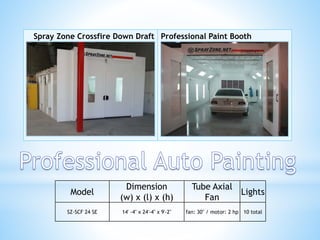 Spray Zone Crossfire Down Draft Professional Paint Booth
Model
Dimension
(w) x (l) x (h)
Tube Axial
Fan
Lights
SZ-SCF 24 SE 14' -4" x 24'-4" x 9'-2" fan: 30" / motor: 2 hp 10 total
 