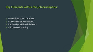 Key Elements within the job description:
1. General purpose of the job.
2. Duties and responsibilities.
3. Knowledge, skill and abilities.
4. Education or training.
 