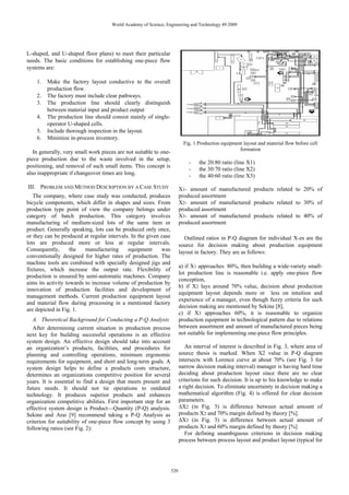 World Academy of Science, Engineering and Technology 49 2009




L-shaped, and U-shaped floor plans) to meet their particular
needs. The basic conditions for establishing one-piece flow
systems are:

    1.   Make the factory layout conductive to the overall
         production flow.
    2.   The factory must include clear pathways.
    3.   The production line should clearly distinguish
         between material input and product output
    4.   The production line should consist mainly of single-
         operator U-shaped cells.
    5.   Include thorough inspection in the layout.
    6.   Minimize in-process inventory.
                                                                           Fig. 1 Production equipment layout and material flow before cell
                                                                                                     formation
   In generally, very small work pieces are not suitable to one-
piece production due to the waste involved in the setup,
                                                                             -    the 20:80 ratio (line X1)
positioning, and removal of such small items. This concept is
                                                                             -    the 30:70 ratio (line X2)
also inappropriate if changeover times are long.                             -    the 40:60 ratio (line X3)
III. PROBLEM AND METHOD DESCRIPTION BY A CASE STUDY                      X1- amount of manufactured products related to 20% of
   The company, where case study was conducted, produces                 produced assortment
bicycle components, which differ in shapes and sizes. From               X2- amount of manufactured products related to 30% of
production type point of view the company belongs under                  produced assortment
category of batch production. This category involves                     X3- amount of manufactured products related to 40% of
manufacturing of medium-sized lots of the same item or                   produced assortment
product. Generally speaking, lots can be produced only once,
or they can be produced at regular intervals. In the given case             Outlined ratios in P-Q diagram for individual X-es are the
lots are produced more or less at regular intervals.                     source for decision making about production equipment
Consequently,       the   manufacturing     equipment      was           layout in factory. They are as follows:
conventionally designed for higher rates of production. The
machine tools are combined with specially designed jigs and
                                                                         a) if X1 approaches 80%, then building a wide-variety small-
fixtures, which increase the output rate. Flexibility of
                                                                         lot production line is reasonable i.e. apply one-piece flow
production is ensured by semi-automatic machines. Company
                                                                         conception,
aims its activity towards to increase volume of production by
                                                                         b) if X2 lays around 70% value, decision about production
innovation of production facilities and development of
                                                                         equipment layout depends more or less on intuition and
management methods. Current production equipment layout
                                                                         experience of a manager, even though fuzzy criteria for such
and material flow during processing in a mentioned factory
                                                                         decision making are mentioned by Sekine [8],
are depicted in Fig. 1.
                                                                         c) if X3 approaches 60%, it is reasonable to organize
   A. Theoretical Background for Conducting a P-Q Analysis               production equipment in technological pattern due to relations
   After determining current situation in production process             between assortment and amount of manufactured pieces being
next key for building successful operations is an effective              not suitable for implementing one-piece flow principles.
system design. An effective design should take into account
an organization’s products, facilities, and procedures for                  An interval of interest is described in Fig. 3, where area of
planning and controlling operations, minimum ergonomic                   source thesis is marked. When X2 value in P-Q diagram
requirements for equipment, and short and long-term goals. A             intersects with Lorence curve at about 70% (see Fig. 3 for
system design helps to define a products costs structure,                narrow decision making interval) manager is having hard time
determines an organizations competitive position for several             deciding about production layout since there are no clear
years. It is essential to find a design that meets present and           criterions for such decision. It is up to his knowledge to make
future needs. It should not tie operations to outdated                   a right decision. To eliminate uncertainty in decision making a
technology. It produces superior products and enhances                   mathematical algorithm (Fig. 4) is offered for clear decision
organization competitive abilities. First important step for an          parameters.
effective system design is Product—Quantity (P-Q) analysis.              ∆X2 (in Fig. 3) is difference between actual amount of
Sekine and Arai [9] recommend taking a P-Q Analysis as                   products X2 and 70% margin defined by theory [%].
criterion for suitability of one-piece flow concept by using 3           ∆X3 (in Fig. 3) is difference between actual amount of
following ratios (see Fig. 2):                                           products X3 and 60% margin defined by theory [%]
                                                                            For defining unambiguous criterions in decision making
                                                                         process between process layout and product layout (typical for




                                                                   520
 