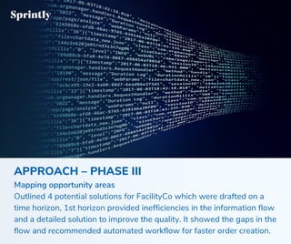 APPROACH – PHASE III
Mapping opportunity areas
Outlined 4 potential solutions for FacilityCo which were drafted on a
time horizon, 1st horizon provided inefficiencies in the information flow
and a detailed solution to improve the quality. It showed the gaps in the
flow and recommended automated workflow for faster order creation.
 