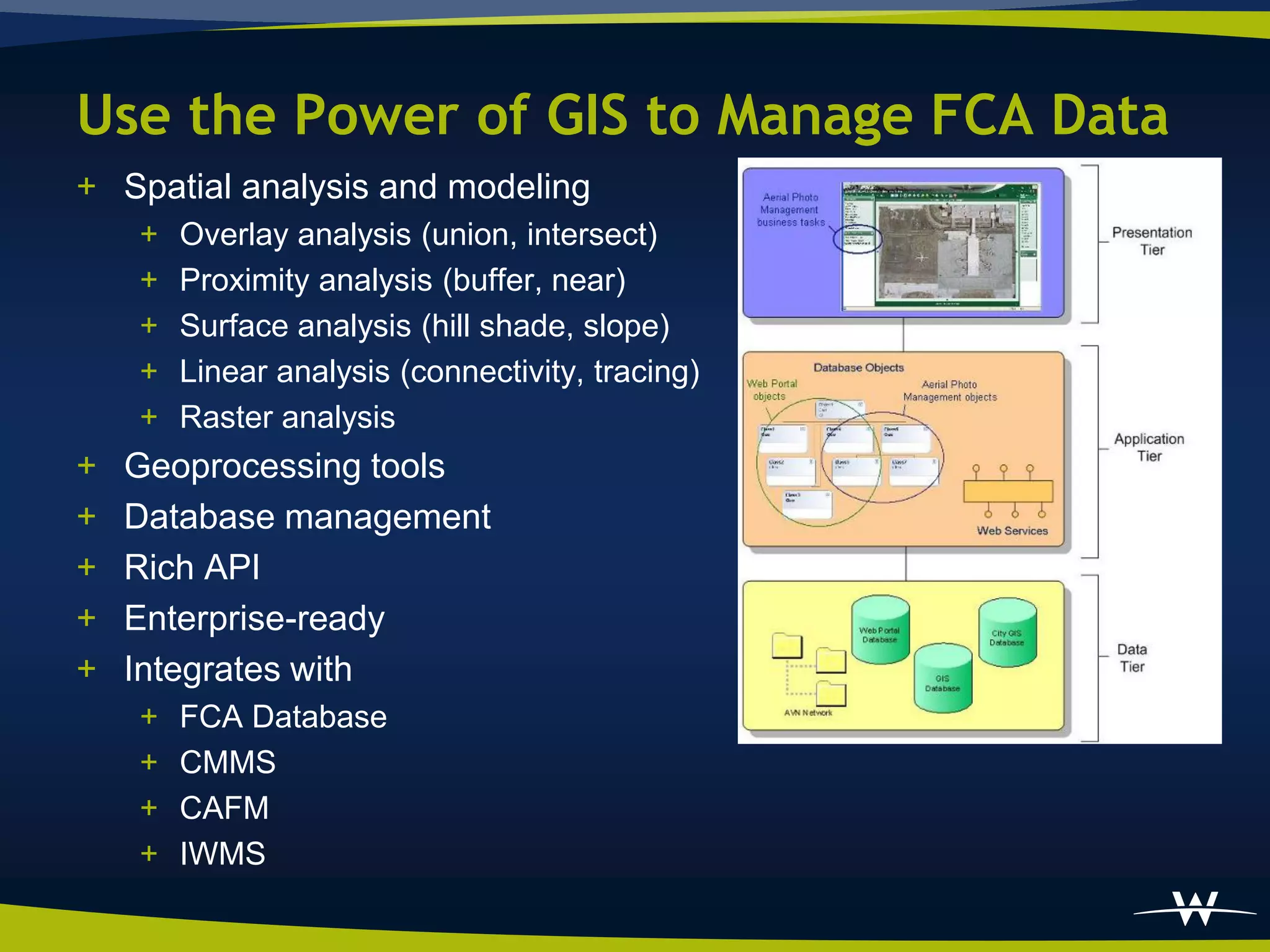 Use the Power of GIS to Manage FCA Data
+ Spatial analysis and modeling
    +   Overlay analysis (union, intersect)
    +   Proximity analysis (buffer, near)
    +   Surface analysis (hill shade, slope)
    +   Linear analysis (connectivity, tracing)
    +   Raster analysis
+   Geoprocessing tools
+   Database management
+   Rich API
+   Enterprise-ready
+   Integrates with
    +   FCA Database
    +   CMMS
    +   CAFM
    +   IWMS
 