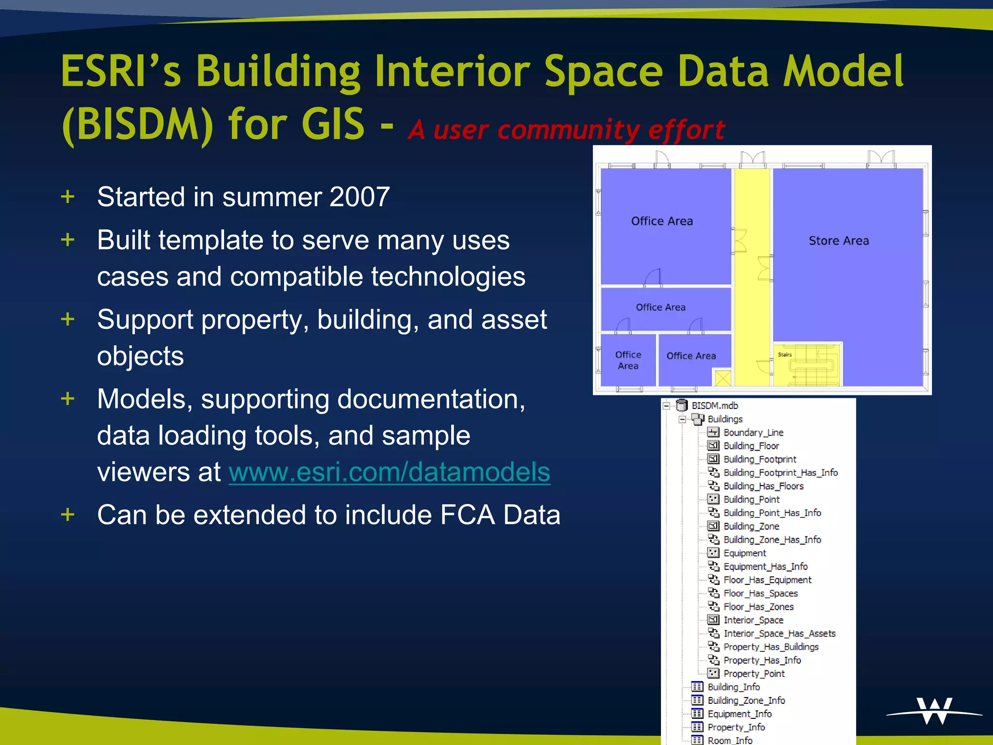 ESRI’s Building Interior Space Data Model
(BISDM) for GIS - A user community effort
+ Started in summer 2007
+ Built template to serve many uses
  cases and compatible technologies
+ Support property, building, and asset
  objects
+ Models, supporting documentation,
  data loading tools, and sample
  viewers at www.esri.com/datamodels
+ Can be extended to include FCA Data
 