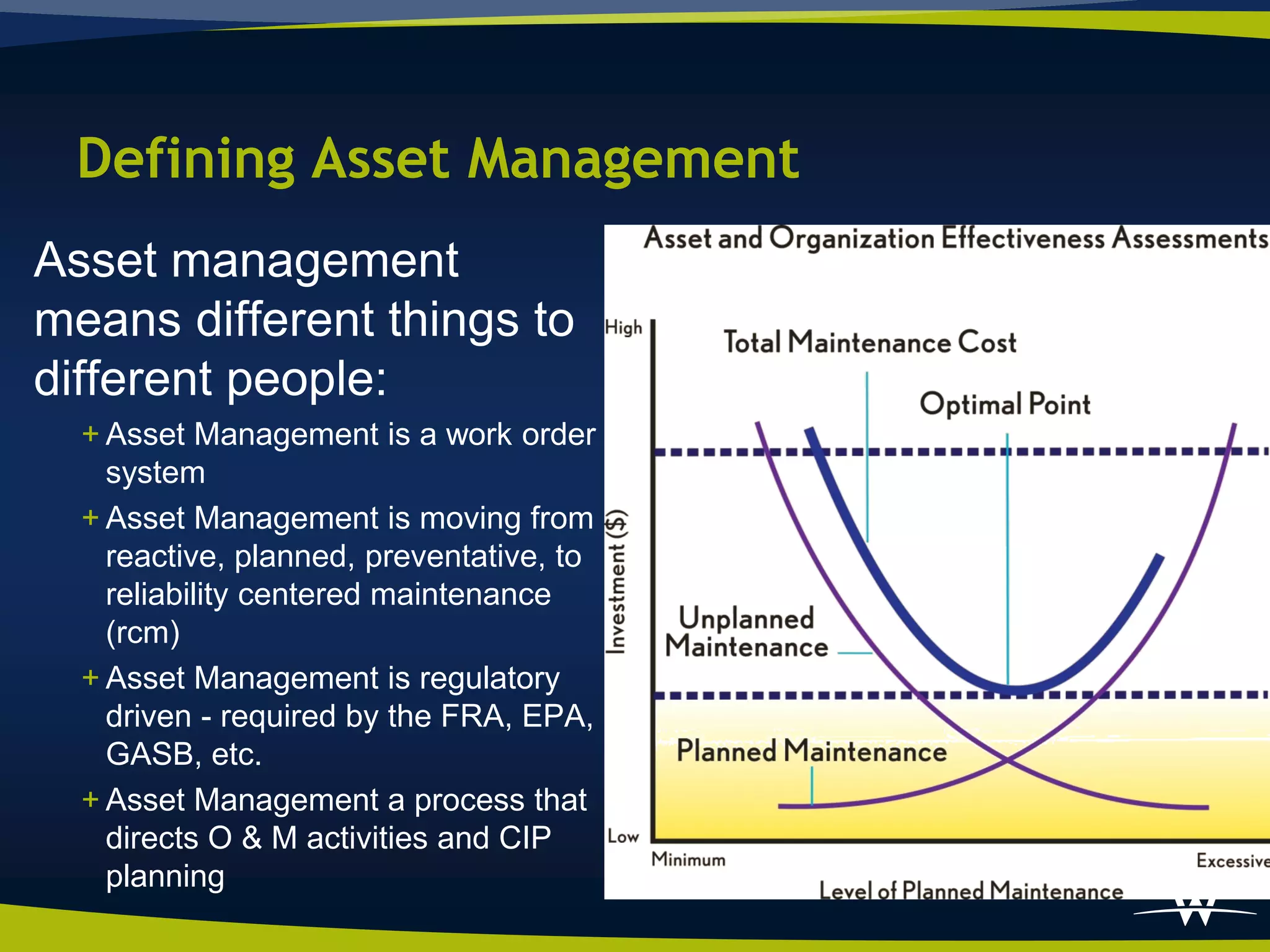 Defining Asset Management
Asset management
means different things to
different people:
  + Asset Management is a work order
    system
  + Asset Management is moving from
    reactive, planned, preventative, to
    reliability centered maintenance
    (rcm)
  + Asset Management is regulatory
    driven - required by the FRA, EPA,
    GASB, etc.
  + Asset Management a process that
    directs O & M activities and CIP
    planning
 