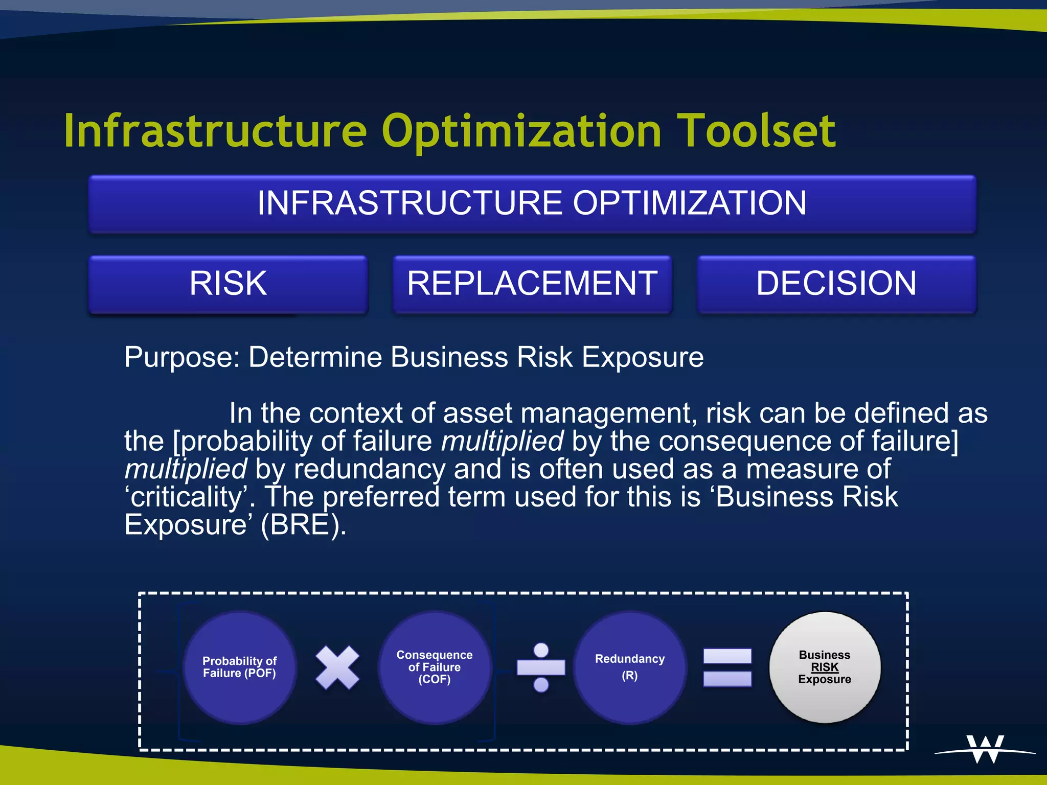 Infrastructure Optimization Toolset
                  INFRASTRUCTURE OPTIMIZATION

      RISK
    RISK                  REPLACEMENT               DECISION

  Purpose: Determine Business Risk Exposure
             In the context of asset management, risk can be defined as
  the [probability of failure multiplied by the consequence of failure]
  multiplied by redundancy and is often used as a measure of
  „criticality‟. The preferred term used for this is „Business Risk
  Exposure‟ (BRE).



                         Consequence   Redundancy      Business
        Probability of
                          of Failure                     RISK
        Failure (POF)                      (R)
                            (COF)                      Exposure
 