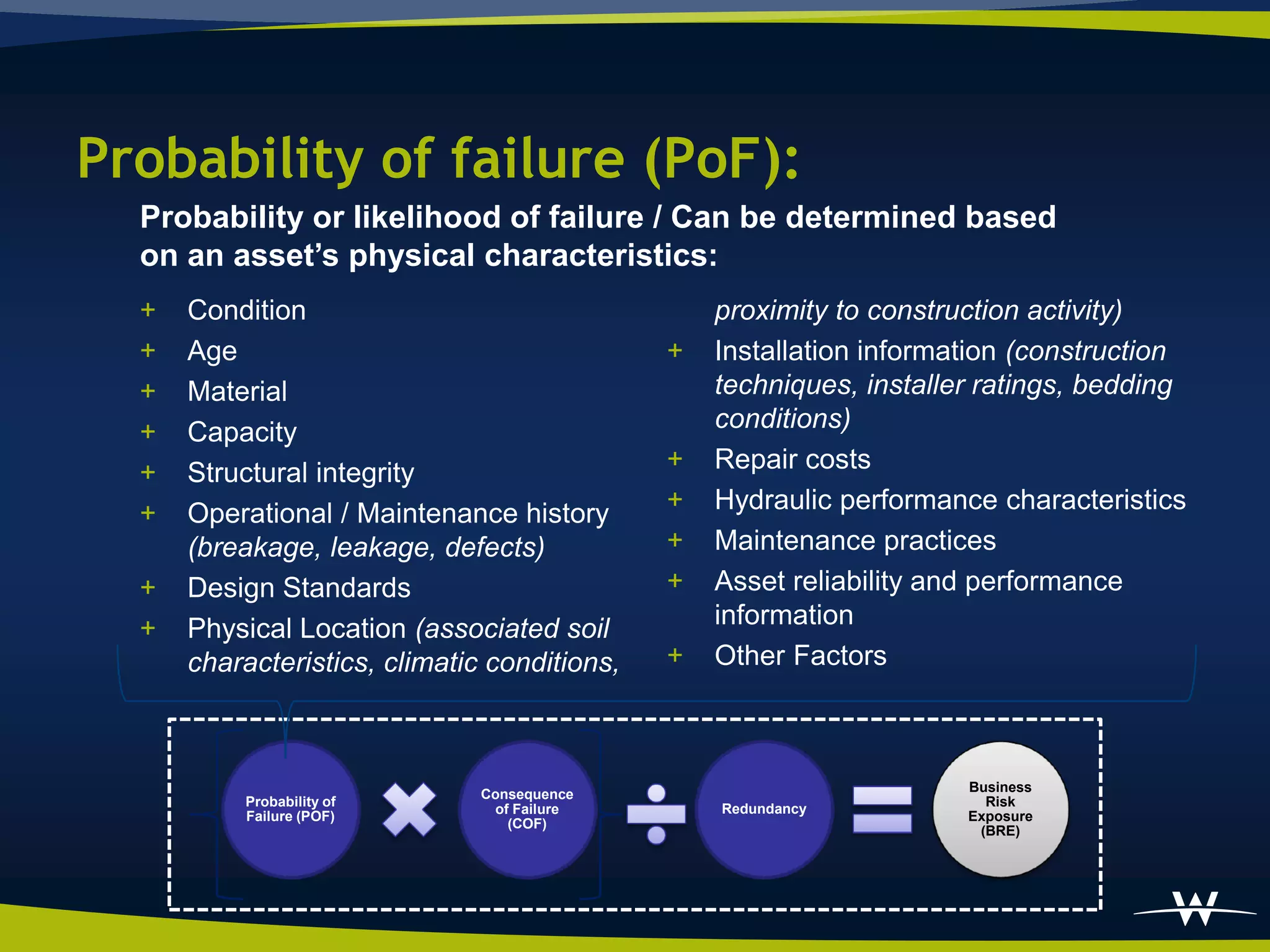 Probability of failure (PoF):
  Probability or likelihood of failure / Can be determined based
  on an asset’s physical characteristics:
  +   Condition                                   proximity to construction activity)
  +   Age                                     +   Installation information (construction
  +   Material                                    techniques, installer ratings, bedding
  +   Capacity                                    conditions)
  +   Structural integrity                    +   Repair costs
  +   Operational / Maintenance history       +   Hydraulic performance characteristics
      (breakage, leakage, defects)            +   Maintenance practices
  +   Design Standards                        +   Asset reliability and performance
  +   Physical Location (associated soil          information
      characteristics, climatic conditions,   +   Other Factors



                                                                      Business
                               Consequence
          Probability of                                                Risk
                                of Failure        Redundancy
          Failure (POF)                                               Exposure
                                  (COF)
                                                                       (BRE)
 