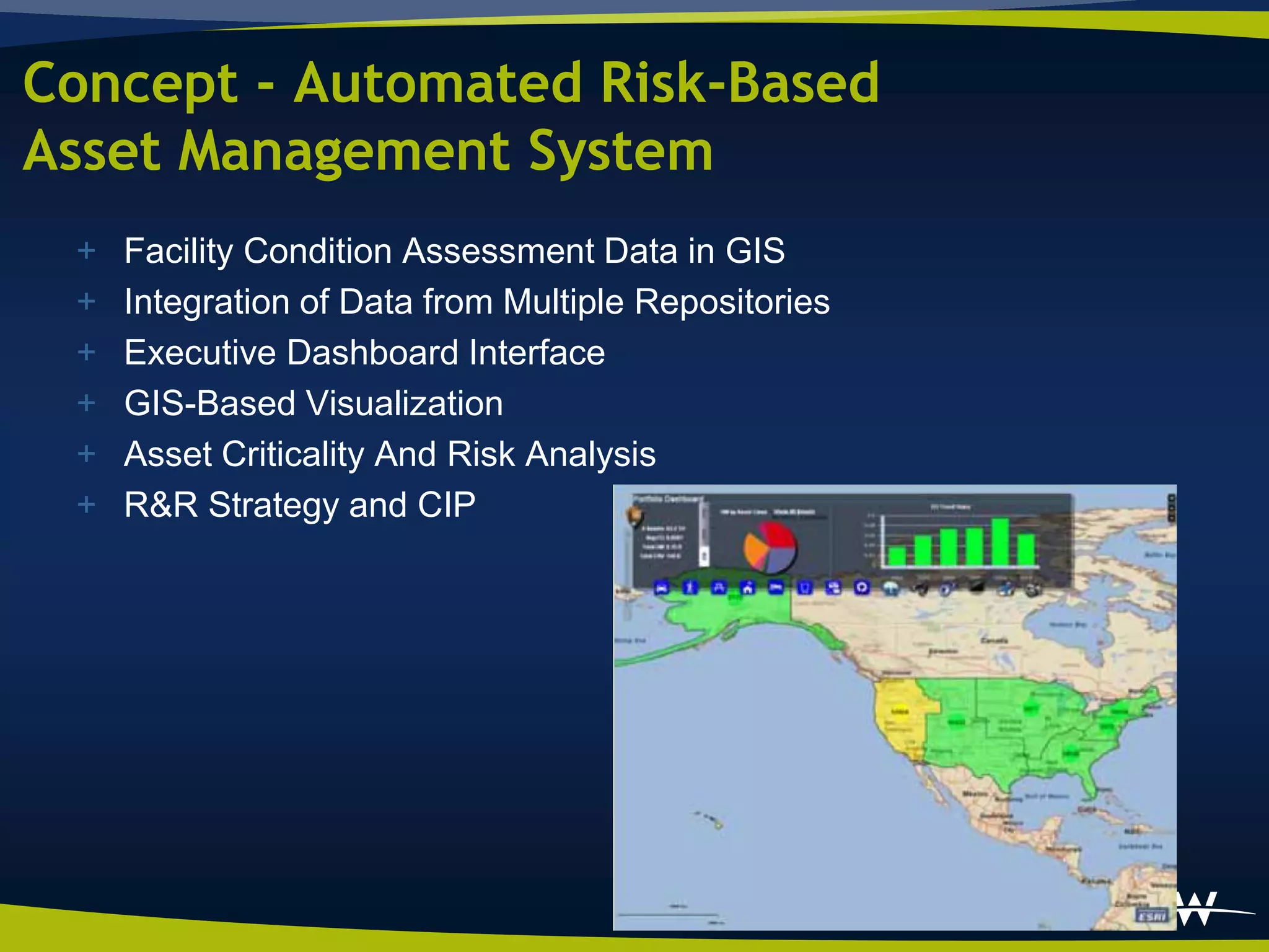 Concept - Automated Risk-Based
Asset Management System
 +   Facility Condition Assessment Data in GIS
 +   Integration of Data from Multiple Repositories
 +   Executive Dashboard Interface
 +   GIS-Based Visualization
 +   Asset Criticality And Risk Analysis
 +   R&R Strategy and CIP
 