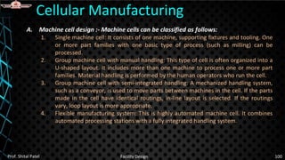 A. Machine cell design :- Machine cells can be classified as follows:
1. Single machine cell: It consists of one machine, supporting fixtures and tooling. One
or more part families with one basic type of process (such as milling) can be
processed.
2. Group machine cell with manual handling: This type of cell is often organized into a
U-shaped layout. It includes more than one machine to process one or more part
families. Material handling is performed by the human operators who run the cell.
3. Group machine cell with semi-integrated handling: A mechanized handling system,
such as a conveyor, is used to move parts between machines in the cell. If the parts
made in the cell have identical routings, in-line layout is selected. If the routings
vary, loop layout is more appropriate.
4. Flexible manufacturing system: This is highly automated machine cell. It combines
automated processing stations with a fully integrated handling system.
Cellular Manufacturing
Prof. Shital Patel Facility Design 100
 