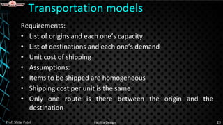 Requirements:
• List of origins and each one’s capacity
• List of destinations and each one’s demand
• Unit cost of shipping
• Assumptions:
• Items to be shipped are homogeneous
• Shipping cost per unit is the same
• Only one route is there between the origin and the
destination
Transportation models
Prof. Shital Patel Facility Design 29
 
