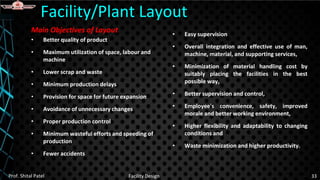 Main Objectives of Layout
• Better quality of product
• Maximum utilization of space, labour and
machine
• Lower scrap and waste
• Minimum production delays
• Provision for space for future expansion
• Avoidance of unnecessary changes
• Proper production control
• Minimum wasteful efforts and speeding of
production
• Fewer accidents
Facility/Plant Layout
Prof. Shital Patel Facility Design 33
• Easy supervision
• Overall integration and effective use of man,
machine, material, and supporting services,
• Minimization of material handling cost by
suitably placing the facilities in the best
possible way,
• Better supervision and control,
• Employee's convenience, safety, improved
morale and better working environment,
• Higher flexibility and adaptability to changing
conditions and
• Waste minimization and higher productivity.
 