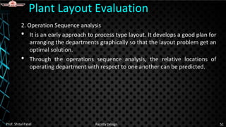 2. Operation Sequence analysis
• It is an early approach to process type layout. It develops a good plan for
arranging the departments graphically so that the layout problem get an
optimal solution.
• Through the operations sequence analysis, the relative locations of
operating department with respect to one another can be predicted.
Plant Layout Evaluation
Prof. Shital Patel Facility Design 51
 