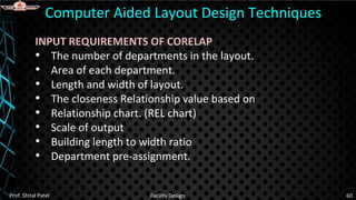 INPUT REQUIREMENTS OF CORELAP
• The number of departments in the layout.
• Area of each department.
• Length and width of layout.
• The closeness Relationship value based on
• Relationship chart. (REL chart)
• Scale of output
• Building length to width ratio
• Department pre-assignment.
Computer Aided Layout Design Techniques
Prof. Shital Patel Facility Design 60
 