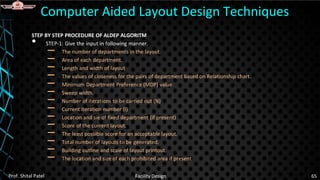 STEP BY STEP PROCEDURE OF ALDEP ALGORITM
• STEP-1: Give the input in following manner.
– The number of departments in the layout.
– Area of each department.
– Length and width of layout
– The values of closeness for the pairs of department based on Relationship chart.
– Minimum Department Preference (MDP) value
– Sweep width.
– Number of iterations to be carried out (N)
– Current iteration number (I)
– Location and sie of fixed department (if present)
– Score of the current layout.
– The least possible score for an acceptable layout.
– Total number of layouts to be generated.
– Building outline and scale of layout printout.
– The location and size of each prohibited area if present
Computer Aided Layout Design Techniques
Prof. Shital Patel Facility Design 65
 