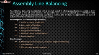 Assembly line balancing is associated with a product layout in which products are processed as they
pass through a line of work centres. An assembly line can be considered as a “PRODUCTION
SEQUENCE" where parts are assembled together to form an end product. The operations are carried
out at different workstations situated along the line.
Advantages of Assembly Line (or flow line)
– 1. Uniform rate of production.
– 2. Les's material handling.
– 3. Less work-in-process.
– 4. Easy production control.
– 5. Effective use of facilities/labour.
– 6. Less congestion.
Disadvantages
– 1. More capital intensive (i.e., demands larger investments).
– 2. Low flexibility.
– 3. Monotony of work for operators.
Assembly Line Balancing
Prof. Shital Patel Facility Design 69
 