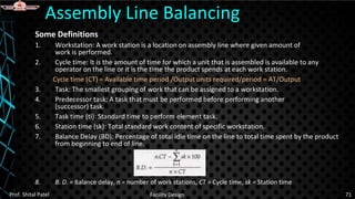 Some Definitions
1. Workstation: A work station is a location on assembly line where given amount of
work is performed.
2. Cycle time: It is the amount of time for which a unit that is assembled is available to any
operator on the line or it is the time the product spends at each work station.
Cycle time (CT) = Available time period /Output units required/period = AT/Output
3. Task: The smallest grouping of work that can be assigned to a workstation.
4. Predecessor task: A task that must be performed before performing another
(successor) task.
5. Task time (ti): Standard time to perform element task.
6. Station time (sk): Total standard work content of specific workstation.
7. Balance Delay (BD): Percentage of total idle time on the line to total time spent by the product
from beginning to end of line.
8. B. D. = Balance delay, n = number of work stations, CT = Cycle time, sk = Station time
Assembly Line Balancing
Prof. Shital Patel Facility Design 71
 