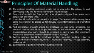 18. The material handling equipment should not be very bulky. The ratio of its load
carrying capacity and its own dead weight should be high.
19. Concept of straight line flow should be employed as zig-jaw flow causes more
congestion and more time.
20. Load should preferably be carried both ways. This means while coming back
some material may be picked-up for delivery to an intermediate and originating
point.
21. Part orientation principle should be employed so that, while unloading, the
material position should be as per the need of the destination point. During
transportation also, parts should be oriented in such a way that maximum
material is accommodated with least chances of damage.
22. System principle should be employed so that material handling system is
integrated with other facilities, such as inspection, receiving, storage, assembly
packaging etc.
23. Backtracking of parts movement should be avoided
Principles Of Material Handling
Prof. Shital Patel Facility Design 80
 