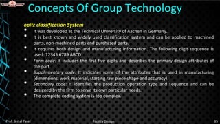 Concepts Of Group Technology
Prof. Shital Patel Facility Design 95
opitz classification System
• It was developed at the Technical University of Aachen in Germany.
• It is best known and widely used classification system and can be applied to machined
parts, non-machined parts and purchased parts.
• It requires both design and manufacturing information. The following digit sequence is
used: 12345 6789 ABCD
• Form code: It includes the first five digits and describes the primary design attributes of
the part.
• Supplementary code: It indicates some of the attributes that is used in manufacturing
(dimensions, work material, starting raw piece shape and accuracy).
• Secondary code: It identifies the production operation type and sequence and can be
designed by the firm to serve its own particular needs.
• The complete coding system is too complex.
 