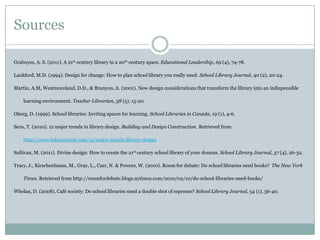Sources

Graboyes, A. S. (2011). A 21st century library in a 20th century space. Educational Leadership, 69 (4), 74-78.

Lankford, M.D. (1994). Design for change: How to plan school library you really need. School Library Journal, 40 (2), 20-24.

Martin, A.M, Westmoreland, D.D., & Branyon, A. (2001). New design considerations that transform the library into an indispensible

    learning environment. Teacher Librarian, 38 (5), 15-20.

Oberg, D. (1999). School libraries: Inviting spaces for learning. School Libraries in Canada, 19 (1), 4-6.

Sens, T. (2010). 12 major trends in library design. Building and Design Construction. Retrieved from

    http://www.bdcnetwork.com/12-major-trends-library-design

Sullivan, M. (2011). Divine design: How to create the 21st century school library of your dreams. School Library Journal, 57 (4), 26-32.

Tracy, J., Kirschenbaum, M., Gray, L., Carr, N. & Powers, W. (2010). Room for debate: Do school libraries need books? The New York

    Times. Retrieved from http://roomfordebate.blogs.nytimes.com/2010/02/10/do-school-libraries-need-books/

Whelan, D. (2008). Café society: Do school libraries need a double shot of espresso? School Library Journal, 54 (1), 36-40.
 