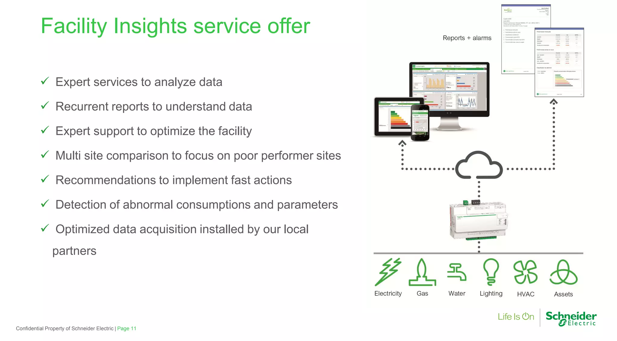 Facility Insights service offer
Expert services to analyze data
Recurrent reports to understand data
Expert support to optimize the facility
Multi site comparison to focus on poor performer sites
Page 11Confidential Property of Schneider Electric |
Recommendations to implement fast actions
Detection of abnormal consumptions and parameters
Optimized data acquisition installed by our local
partners
Facility Insights service offer
Multi site comparison to focus on poor performer sites
Detection of abnormal consumptions and parameters
Optimized data acquisition installed by our local
 
