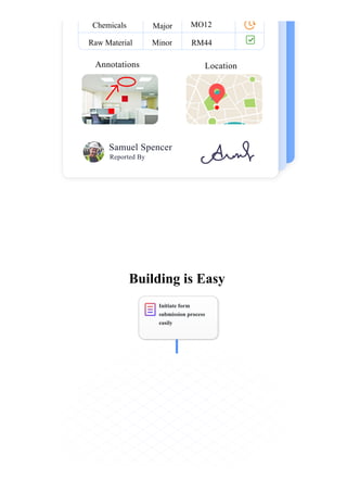 Chemicals
Raw Material
Major MO12
Minor RM44
Annotations Location
Samuel Spencer
Reported By
Initiate form
submission process
easily
Building is Easy
 