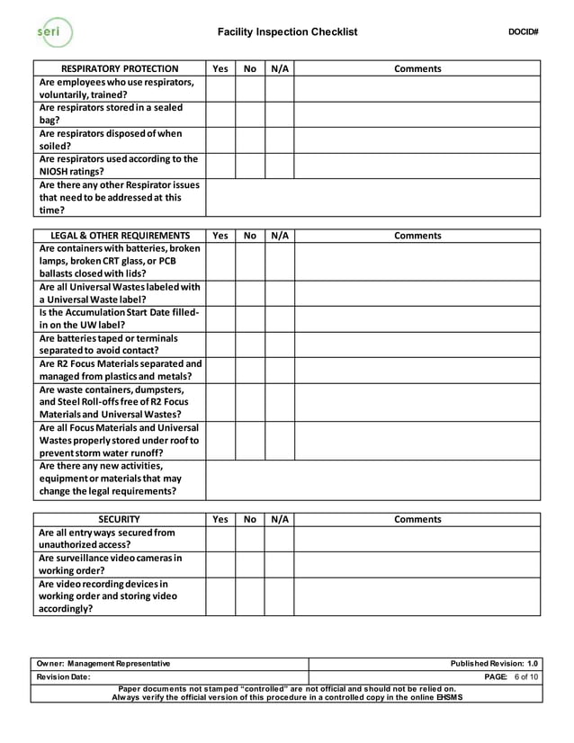 Facility inspection checklist