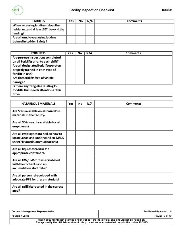 Facility inspection checklist