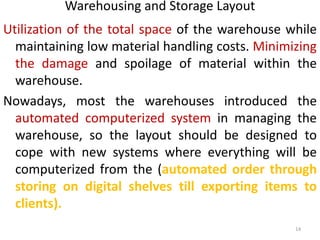 Warehousing and Storage Layout 
Utilization of the total space of the warehouse while 
maintaining low material handling costs. Minimizing 
the damage and spoilage of material within the 
warehouse. 
Nowadays, most the warehouses introduced the 
automated computerized system in managing the 
warehouse, so the layout should be designed to 
cope with new systems where everything will be 
computerized from the (automated order through 
storing on digital shelves till exporting items to 
clients). 
14 
 
