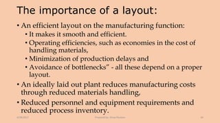 The importance of a layout:
• An efficient layout on the manufacturing function:
• It makes it smooth and efficient.
• Operating efficiencies, such as economies in the cost of
handling materials,
• Minimization of production delays and
• Avoidance of bottlenecks” - all these depend on a proper
layout.
• An ideally laid out plant reduces manufacturing costs
through reduced materials handling,
• Reduced personnel and equipment requirements and
reduced process inventory.
4/28/2017 Prepared by: Divya Paulose 34
 