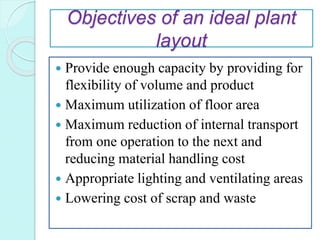 Objectives of an ideal plant
layout
 Provide enough capacity by providing for
flexibility of volume and product
 Maximum...