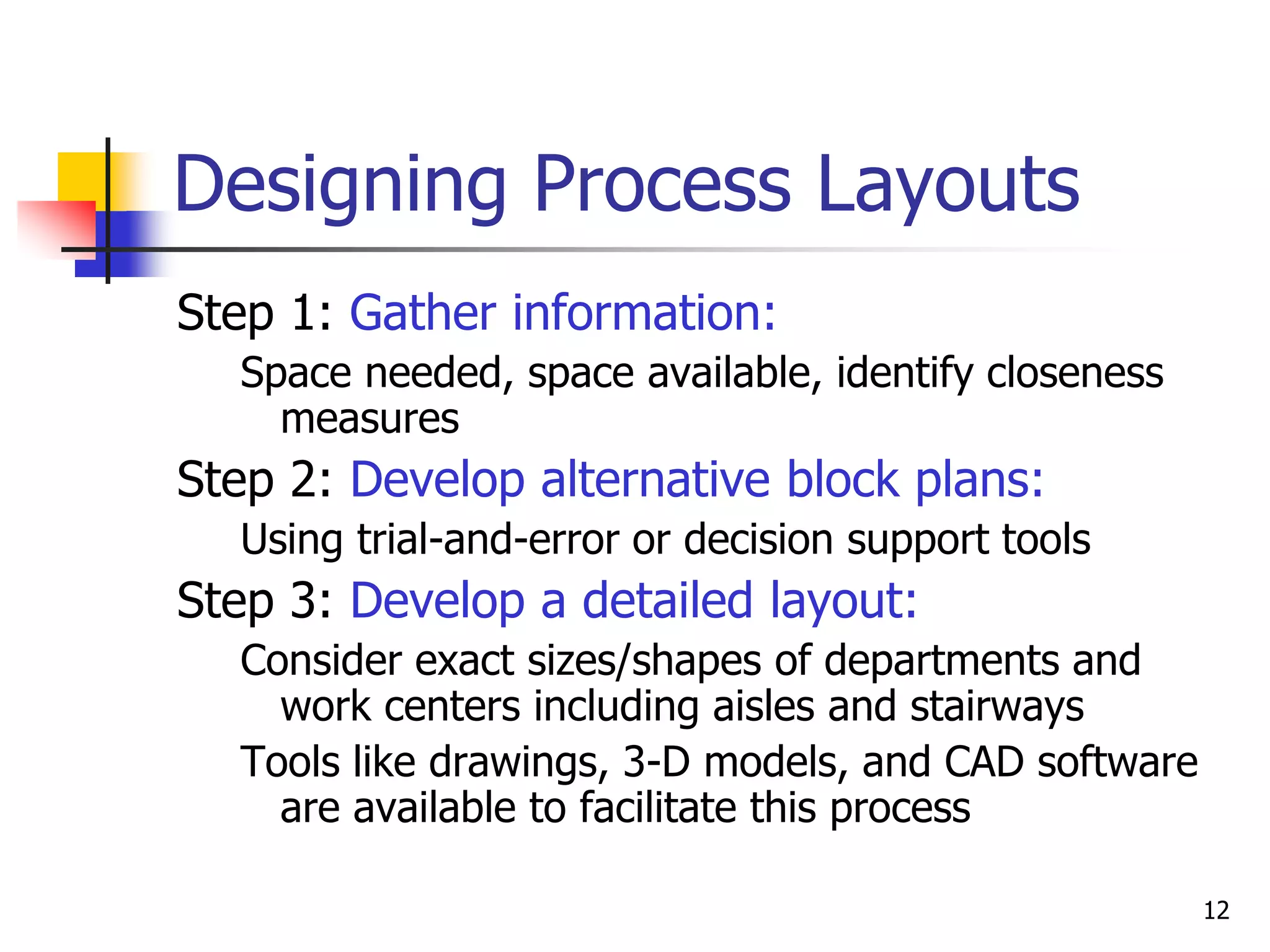 12
Designing Process Layouts
Step 1: Gather information:
Space needed, space available, identify closeness
measures
Step 2: Develop alternative block plans:
Using trial-and-error or decision support tools
Step 3: Develop a detailed layout:
Consider exact sizes/shapes of departments and
work centers including aisles and stairways
Tools like drawings, 3-D models, and CAD software
are available to facilitate this process
 