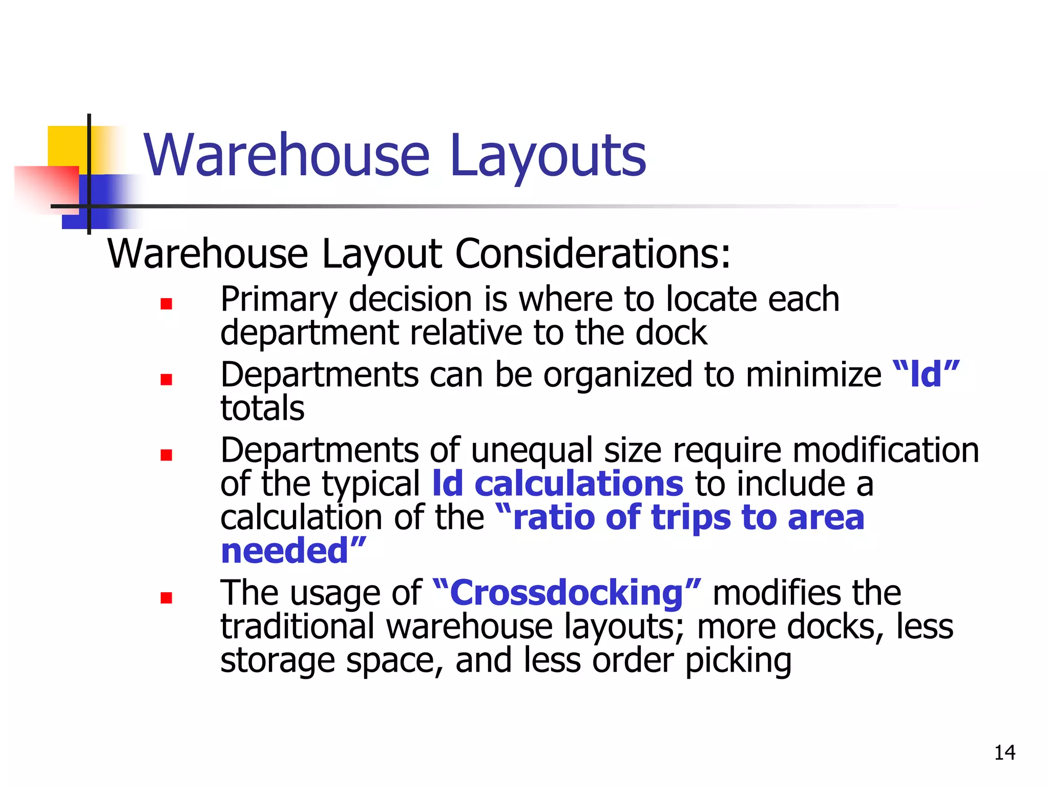 14
Warehouse Layouts
Warehouse Layout Considerations:
 Primary decision is where to locate each
department relative to the dock
 Departments can be organized to minimize “ld”
totals
 Departments of unequal size require modification
of the typical ld calculations to include a
calculation of the “ratio of trips to area
needed”
 The usage of “Crossdocking” modifies the
traditional warehouse layouts; more docks, less
storage space, and less order picking
 