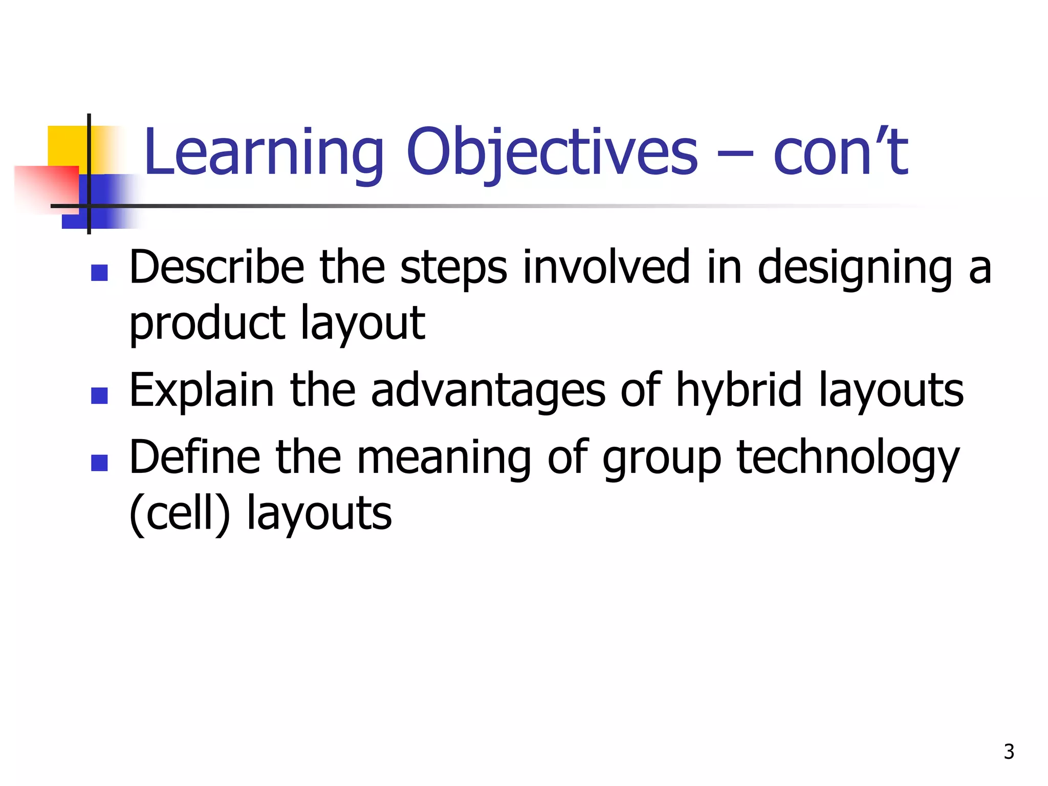 3
Learning Objectives – con’t
 Describe the steps involved in designing a
product layout
 Explain the advantages of hybrid layouts
 Define the meaning of group technology
(cell) layouts
 