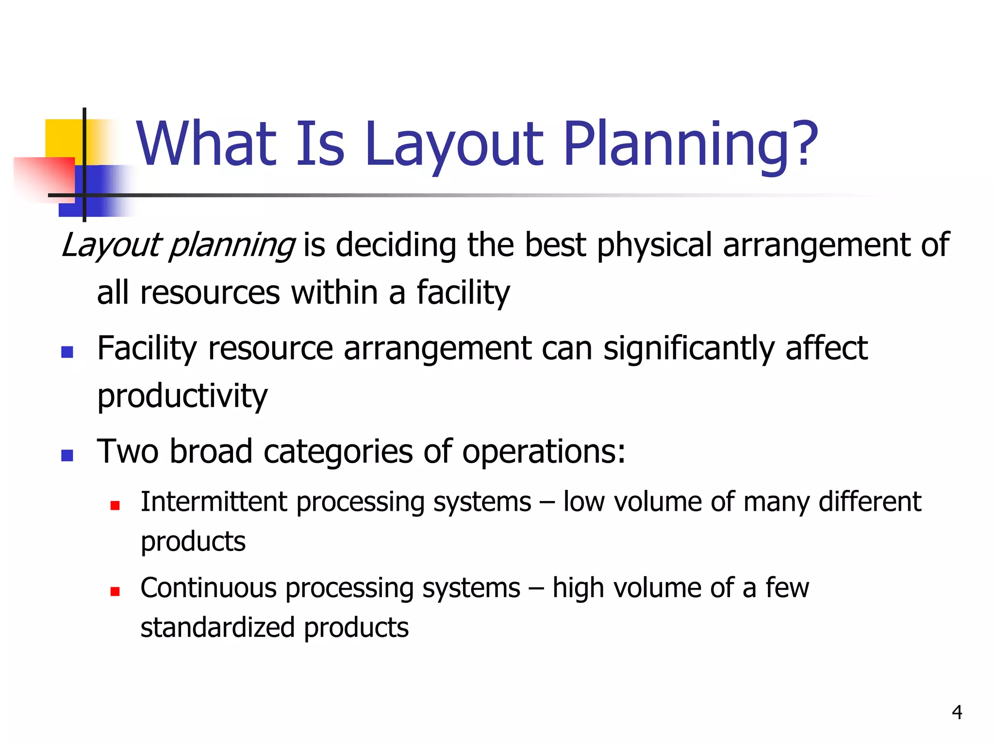 4
What Is Layout Planning?
Layout planning is deciding the best physical arrangement of
all resources within a facility
 Facility resource arrangement can significantly affect
productivity
 Two broad categories of operations:
 Intermittent processing systems – low volume of many different
products
 Continuous processing systems – high volume of a few
standardized products
 