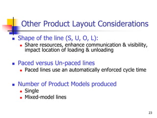 23
Other Product Layout Considerations
 Shape of the line (S, U, O, L):
 Share resources, enhance communication & visibility,
impact location of loading & unloading
 Paced versus Un-paced lines
 Paced lines use an automatically enforced cycle time
 Number of Product Models produced
 Single
 Mixed-model lines
 