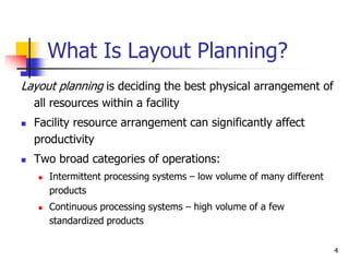4
What Is Layout Planning?
Layout planning is deciding the best physical arrangement of
all resources within a facility
 Facility resource arrangement can significantly affect
productivity
 Two broad categories of operations:
 Intermittent processing systems – low volume of many different
products
 Continuous processing systems – high volume of a few
standardized products
 