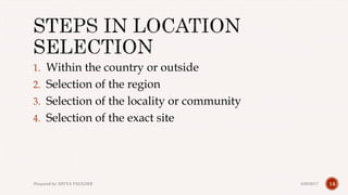 1. Within the country or outside
2. Selection of the region
3. Selection of the locality or community
4. Selection of the exact site
144/28/2017Prepared by: DIVYA PAULOSE
 