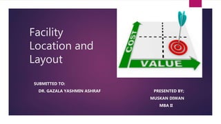 Facility
Location and
Layout
SUBMITTED TO:
DR. GAZALA YASHMIN ASHRAF PRESENTED BY;
MUSKAN DIWAN
MBA II
 