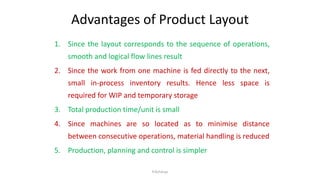 Advantages of Product Layout
1. Since the layout corresponds to the sequence of operations,
smooth and logical flow lines result
2. Since the work from one machine is fed directly to the next,
small in-process inventory results. Hence less space is
required for WIP and temporary storage
3. Total production time/unit is small
4. Since machines are so located as to minimise distance
between consecutive operations, material handling is reduced
5. Production, planning and control is simpler
P.Acharya
 
